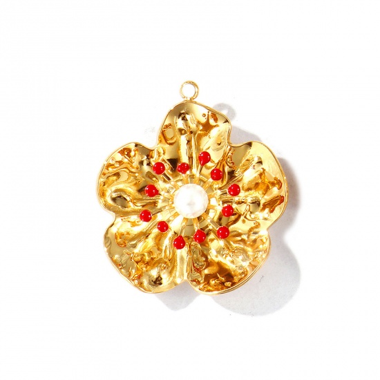 Picture of 2 PCs Eco-friendly PVD Vacuum Plating Waterproof Anti-Tarnish Hypoallergenic 304 Stainless Steel Pendants 18K Real Gold Plated Red Enamel Flower Acrylic Imitation Pearl 3.1cm x 2.8cm