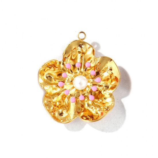 Picture of 2 PCs Eco-friendly PVD Vacuum Plating Waterproof Anti-Tarnish Hypoallergenic 304 Stainless Steel Pendants 18K Real Gold Plated Pink Enamel Flower Acrylic Imitation Pearl 3.1cm x 2.8cm
