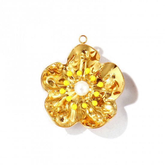 Picture of 2 PCs Eco-friendly PVD Vacuum Plating Waterproof Anti-Tarnish Hypoallergenic 304 Stainless Steel Pendants 18K Real Gold Plated Yellow Enamel Flower Acrylic Imitation Pearl 3.1cm x 2.8cm