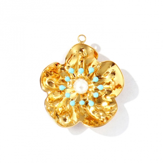 Picture of 2 PCs Eco-friendly PVD Vacuum Plating Waterproof Anti-Tarnish Hypoallergenic 304 Stainless Steel Pendants 18K Real Gold Plated Green Blue Enamel Flower Acrylic Imitation Pearl 3.1cm x 2.8cm