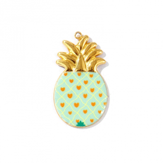 Picture of 2 PCs Eco-friendly PVD Vacuum Plating Waterproof Anti-Tarnish Hypoallergenic 304 Stainless Steel Pendants 18K Real Gold Plated Green Enamel Pineapple/ Ananas Fruit 3.6cm x 2cm