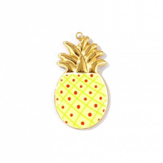 Picture of 2 PCs Eco-friendly PVD Vacuum Plating Waterproof Anti-Tarnish Hypoallergenic 304 Stainless Steel Pendants 18K Real Gold Plated Yellow Enamel Pineapple/ Ananas Fruit 3.6cm x 2cm