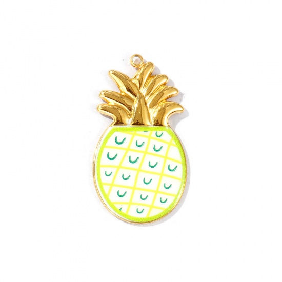 Picture of 2 PCs Eco-friendly PVD Vacuum Plating Waterproof Anti-Tarnish Hypoallergenic 304 Stainless Steel Pendants 18K Real Gold Plated Green Enamel Pineapple/ Ananas Fruit 3.6cm x 2cm