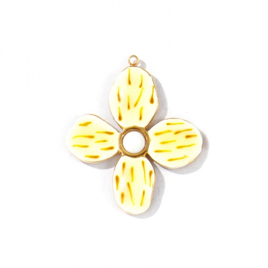 Picture of 2 PCs Eco-friendly PVD Vacuum Plating Waterproof Anti-Tarnish Hypoallergenic 304 Stainless Steel Pendants 18K Real Gold Plated Brown Enamel Flower 3.5cm x 3cm