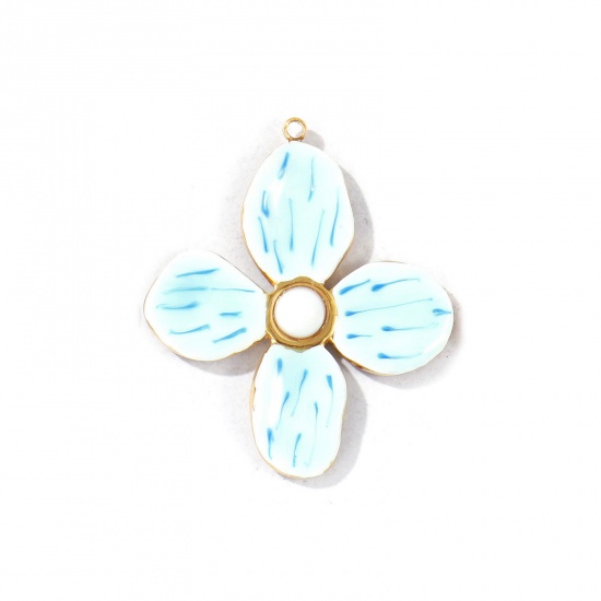 Picture of 2 PCs Eco-friendly PVD Vacuum Plating Waterproof Anti-Tarnish Hypoallergenic 304 Stainless Steel Pendants 18K Real Gold Plated Blue Enamel Flower 3.5cm x 3cm
