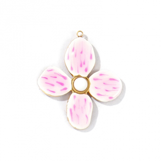 Picture of 2 PCs Eco-friendly PVD Vacuum Plating Waterproof Anti-Tarnish Hypoallergenic 304 Stainless Steel Pendants 18K Real Gold Plated Pink Enamel Flower 3.5cm x 3cm