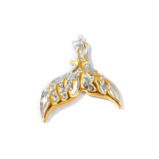 Picture of 1 Piece Eco-friendly PVD Vacuum Plating Waterproof Anti-Tarnish Hypoallergenic 304 Stainless Steel Pendants 18K Real Gold Plated & Silver Tone Fishtail Two Tone 4.8cm x 4.4cm