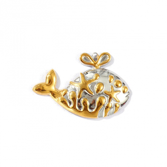Picture of 1 Piece Eco-friendly PVD Vacuum Plating Waterproof Anti-Tarnish Hypoallergenic 304 Stainless Steel Ocean Jewelry Pendants 18K Real Gold Plated & Silver Tone Whale Animal Two Tone 4.5cm x 3.1cm