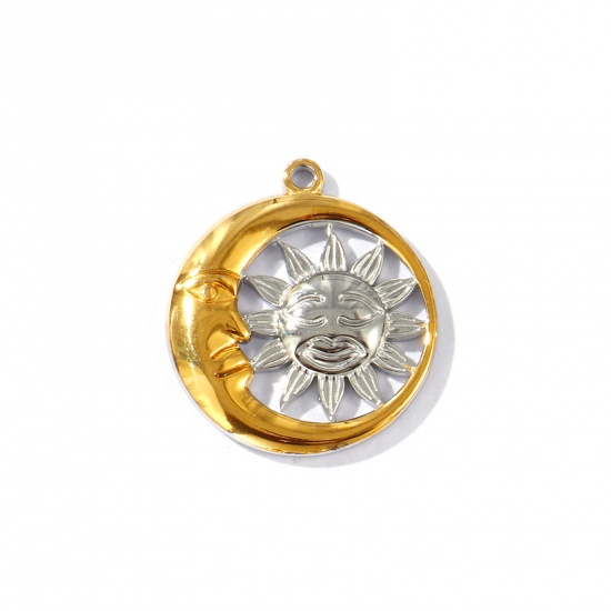 Immagine di 2 Pz Placcatura Sottovuoto PVD Ecologica Impermeabile Anti-Ossidante Ipoallergenico 304 Acciaio Inossidabile Galassia Ciondoli 18K Vero Oro Placcato & Tono Argento Tondo Sole & Luna Doppio Colore 29mm x 25.5mm