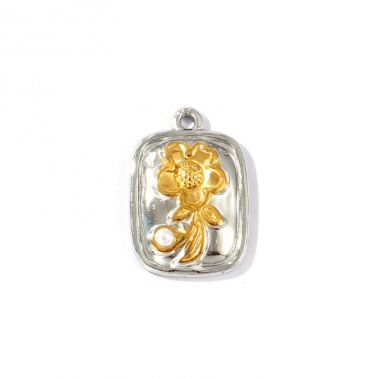 Immagine di 2 Pz Placcatura Sottovuoto PVD Ecologica Impermeabile Anti-Ossidante Ipoallergenico 304 Acciaio Inossidabile Ciondoli 18K Vero Oro Placcato & Tono Argento Rettangolo Fiore Perla Imitato Acrilico 24mm x 16mm