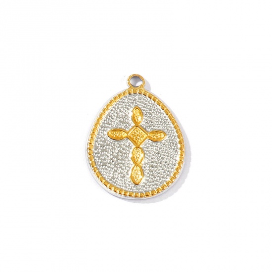 Immagine di 2 Pz Placcatura Sottovuoto PVD Ecologica Impermeabile Anti-Ossidante Ipoallergenico 304 Acciaio Inossidabile Religione Ciondoli 18K Vero Oro Placcato & Tono Argento Goccia Croce Doppio Colore 25mm x 19.5mm