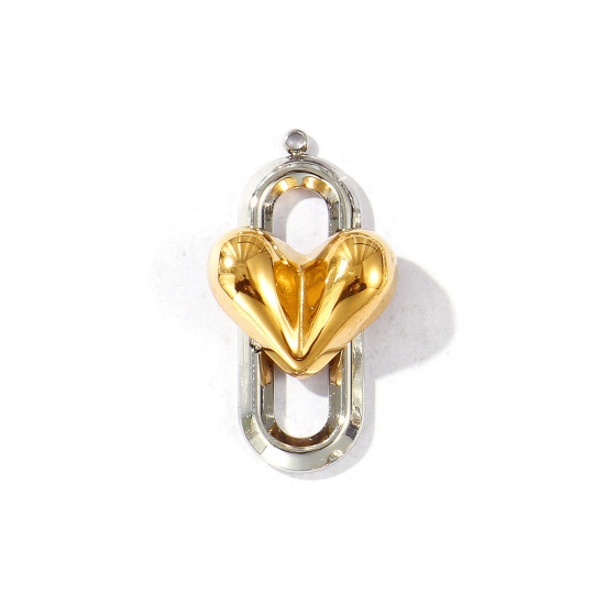 Immagine di 2 Pz Placcatura Sottovuoto PVD Ecologica Impermeabile Anti-Ossidante Ipoallergenico 304 Acciaio Inossidabile San Valentino Ciondoli Pendenti 18K Vero Oro Placcato & Tono Argento Cuore Doppio Colore 3.2cm x 1.7cm