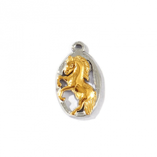 Immagine di 2 Pz Placcatura Sottovuoto PVD Ecologica Impermeabile Anti-Ossidante Ipoallergenico 304 Acciaio Inossidabile Cowboy dell'Ovest Ciondoli 18K Vero Oro Placcato & Tono Argento Ovale Cavallo Doppio Colore 26.5mm x 16mm