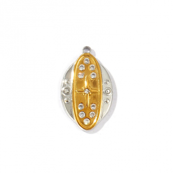 Immagine di 2 Pz Placcatura Sottovuoto PVD Ecologica Impermeabile Anti-Ossidante Ipoallergenico 304 Acciaio Inossidabile Ciondoli 18K Vero Oro Placcato & Tono Argento Ovale Stella Doppio Colore Trasparente Strass 25mm x 15mm