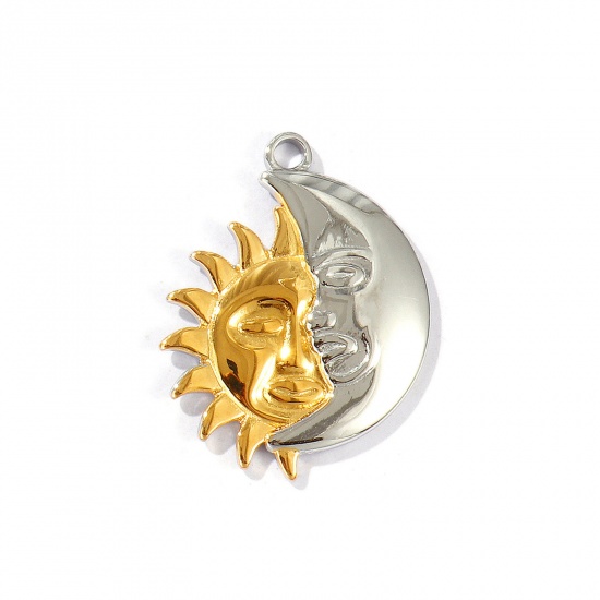 Immagine di 2 Pz Placcatura Sottovuoto PVD Ecologica Impermeabile Anti-Ossidante Ipoallergenico 304 Acciaio Inossidabile Galassia Ciondoli Pendenti 18K Vero Oro Placcato & Tono Argento Sole & Luna Doppio Colore 3.3cm x 2.6cm