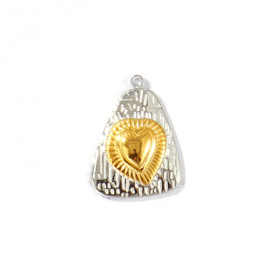 Immagine di 2 Pz Placcatura Sottovuoto PVD Ecologica Impermeabile Anti-Ossidante Ipoallergenico 304 Acciaio Inossidabile Religione Ciondoli 18K Vero Oro Placcato & Tono Argento Triangolo Ex Voto Cuore Doppio Colore 21.5mm x 15.5mm