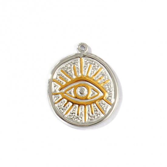 Immagine di 2 Pz Placcatura Sottovuoto PVD Ecologica Impermeabile Anti-Ossidante Ipoallergenico 304 Acciaio Inossidabile Religione Ciondoli 18K Vero Oro Placcato & Tono Argento Ovale Occhio della Provvidenza/ Occhio che Tutto Vede Doppio Colore 29mm x 24mm