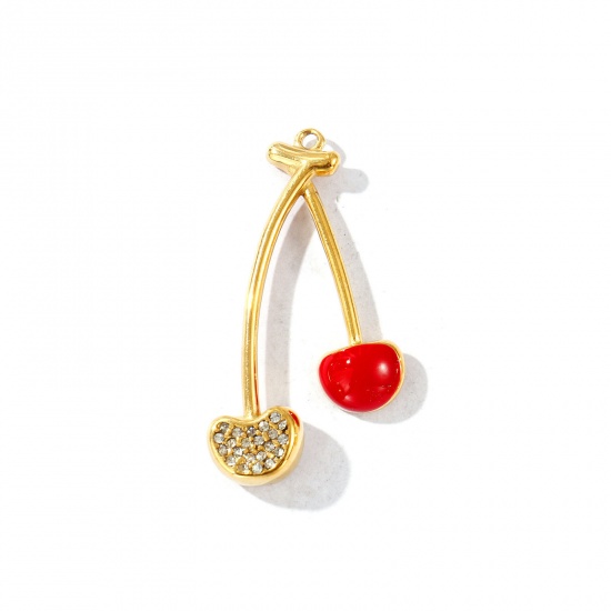 Picture of 1 Piece Eco-friendly PVD Vacuum Plating Waterproof Anti-Tarnish Hypoallergenic 304 Stainless Steel Pendants 18K Real Gold Plated Red Enamel Cherry Fruit Clear Rhinestone 3.9cm x 2.2cm