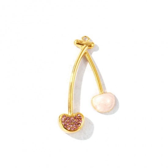 Picture of 1 Piece Eco-friendly PVD Vacuum Plating Waterproof Anti-Tarnish Hypoallergenic 304 Stainless Steel Pendants 18K Real Gold Plated Light Pink Enamel Cherry Fruit Pearlized Pink Rhinestone 3.9cm x 2.2cm