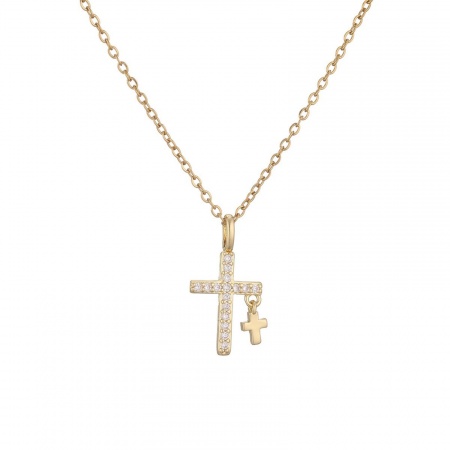 Picture of Wholesale Cross Clear Cubic Zirconia Pendant Charm Necklace, 18K Gold Plated Brass Women's Religious Retro Gift Jewelry For Retailer, 45cm(17.7") + 5cm(2") long, 1 Piece