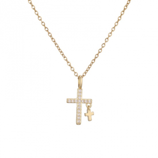 Picture of Wholesale Cross Clear Cubic Zirconia Pendant Charm Necklace, 18K Gold Plated Brass Women's Religious Retro Gift Jewelry For Retailer, 45cm(17.7") + 5cm(2") long, 1 Piece