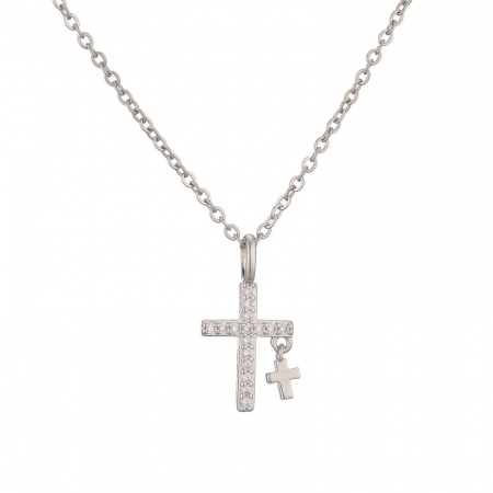 Picture of Wholesale Cross Clear Cubic Zirconia Pendant Charm Necklace, Platinum Plated Brass Women's Religious Retro Gift Jewelry For Retailer, 45cm(17.7") + 5cm(2") long, 1 Piece