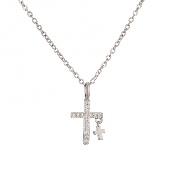 Picture of Wholesale Cross Clear Cubic Zirconia Pendant Charm Necklace, Platinum Plated Brass Women's Religious Retro Gift Jewelry For Retailer, 45cm(17.7") + 5cm(2") long, 1 Piece