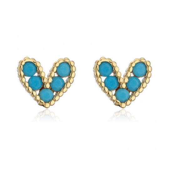 Imagen de día de San Valentín Elegante Pendientes de Poste de Oreja Al Por Mayor, Corazón Azul Circón Artificial Chapado en Oro de 18K Latón, Mujeres Regalo Suministro de Joyería, 8mm x 7mm, 1 Par