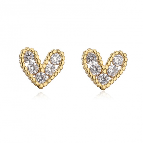 Imagen de día de San Valentín Elegante Pendientes de Poste de Oreja Al Por Mayor, Corazón Claro Circón Artificial Chapado en Oro de 18K Latón, Mujeres Regalo Suministro de Joyería, 8mm x 7mm, 1 Par