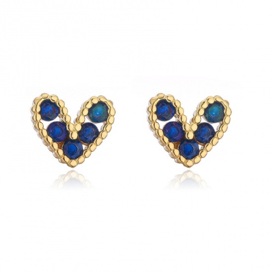 Imagen de día de San Valentín Elegante Pendientes de Poste de Oreja Al Por Mayor, Corazón Azul Oscuro Circón Artificial Chapado en Oro de 18K Latón, Mujeres Regalo Suministro de Joyería, 8mm x 7mm, 1 Par
