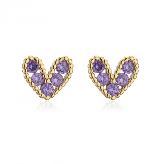 Imagen de día de San Valentín Elegante Pendientes de Poste de Oreja Al Por Mayor, Corazón Púrpura Circón Artificial Chapado en Oro de 18K Latón, Mujeres Regalo Suministro de Joyería, 8mm x 7mm, 1 Par