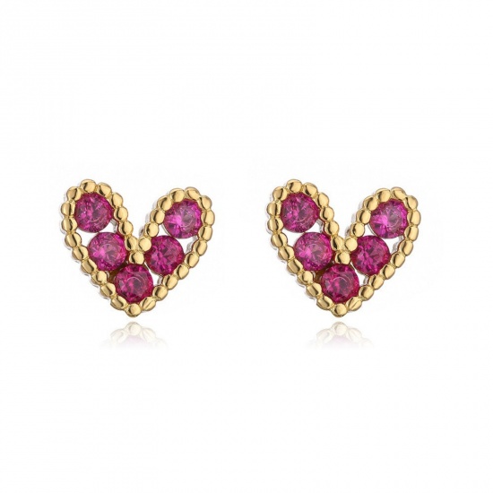 Imagen de día de San Valentín Elegante Pendientes de Poste de Oreja Al Por Mayor, Corazón Rojo Ciruela Circón Artificial Chapado en Oro de 18K Latón, Mujeres Regalo Suministro de Joyería, 8mm x 7mm, 1 Par