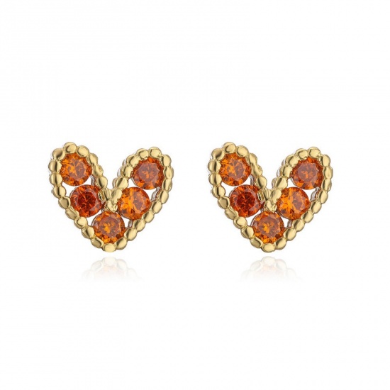 Imagen de día de San Valentín Elegante Pendientes de Poste de Oreja Al Por Mayor, Corazón Naranja Circón Artificial Chapado en Oro de 18K Latón, Mujeres Regalo Suministro de Joyería, 8mm x 7mm, 1 Par