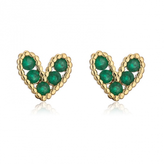 Imagen de día de San Valentín Elegante Pendientes de Poste de Oreja Al Por Mayor, Corazón Verde Circón Artificial Chapado en Oro de 18K Latón, Mujeres Regalo Suministro de Joyería, 8mm x 7mm, 1 Par