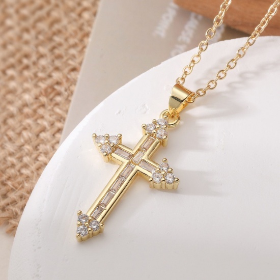 Picture of Wholesale Cross Clear Cubic Zirconia Pendant Charm Necklace, 18K Gold Plated Brass Women's Religious Stylish Gift Jewelry For Retailer, 45cm(17.7") + 5cm(2") long, 1 Piece