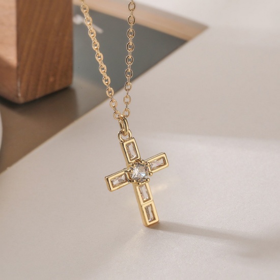 Picture of Wholesale Cross Clear Cubic Zirconia Pendant Charm Necklace, 18K Gold Plated Brass Women's Religious Stylish Gift Jewelry For Retailer, 45cm(17.7") + 5cm(2") long, 1 Piece