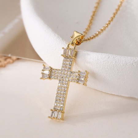 Picture of Wholesale Cross Clear Cubic Zirconia Pendant Charm Necklace, 18K Gold Plated Brass Women's Religious Stylish Gift Jewelry For Retailer, 45cm(17.7") + 5cm(2") long, 1 Piece