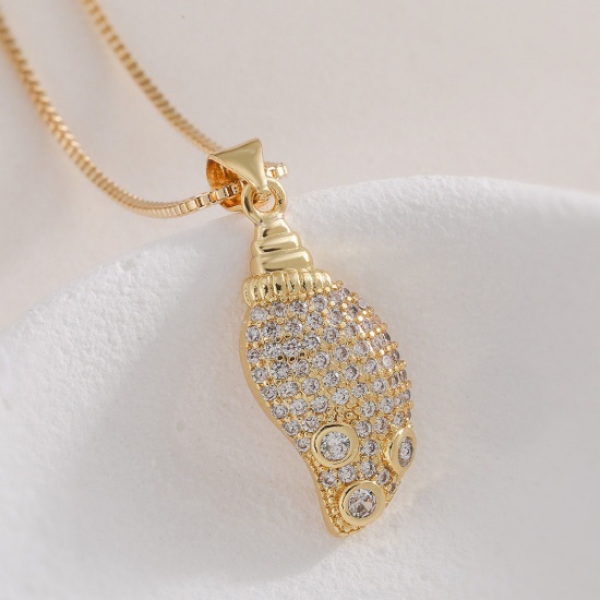 Picture of Wholesale Conch/ Sea Snail Clear Cubic Zirconia Pendant Charm Necklace, 18K Gold Plated Brass Women's Ocean Jewelry Stylish Gift Jewelry For Retailer, 45cm(17.7") + 5cm(2") long, 1 Piece