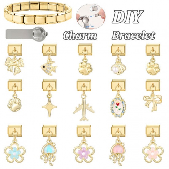 Picture of 1 Piece 304 Stainless Steel & Zinc Based Alloy Italian Charm Links For DIY Modular Bracelet Watch Jewelry Making Wholesale Gold Plated Bowknot 10mm x 9mm