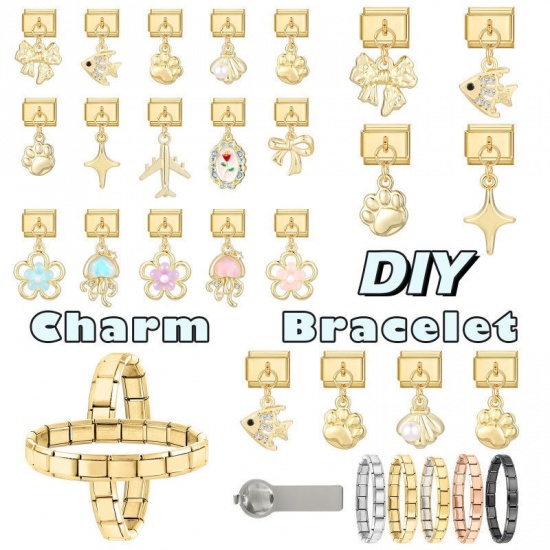 Picture of 1 Piece 304 Stainless Steel & Zinc Based Alloy Italian Charm Links For DIY Modular Bracelet Watch Jewelry Making Wholesale Gold Plated Bowknot 10mm x 9mm