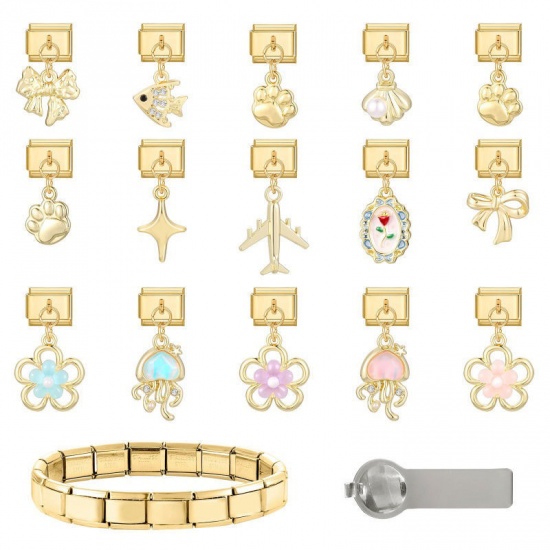 Picture of 1 Piece 304 Stainless Steel & Zinc Based Alloy Italian Charm Links For DIY Modular Bracelet Watch Jewelry Making Wholesale Gold Plated Bowknot 10mm x 9mm