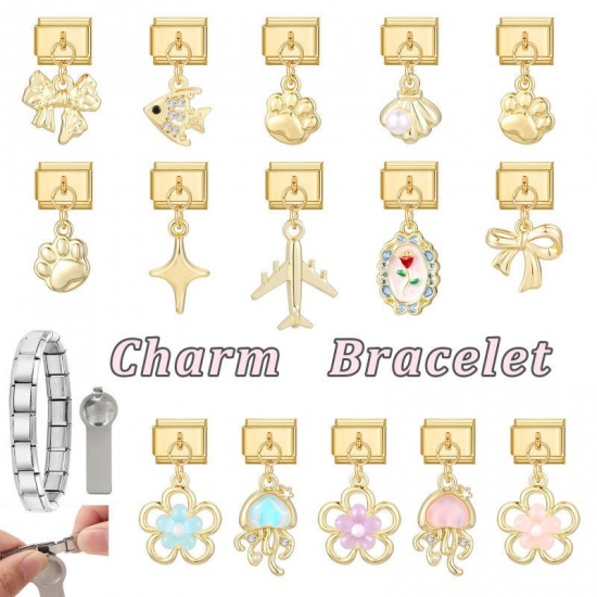 Picture of 1 Piece 304 Stainless Steel & Zinc Based Alloy Italian Charm Links For DIY Modular Bracelet Watch Jewelry Making Wholesale Gold Plated Bowknot 10mm x 9mm