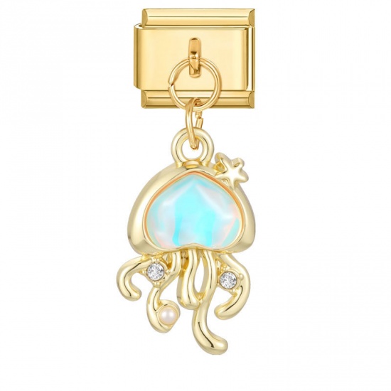 Picture of 1 Piece 304 Stainless Steel & Zinc Based Alloy Italian Charm Links For DIY Modular Bracelet Watch Jewelry Making Wholesale Gold Plated Jellyfish 10mm x 9mm
