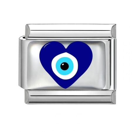Picture of 1 Piece 304 Stainless Steel Italian Charm Links For DIY Bracelet Jewelry Making Wholesale Silver Tone Blue Rectangle Evil Eye 10mm x 9mm