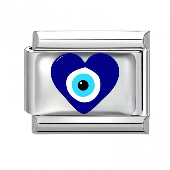 Picture of 1 Piece 304 Stainless Steel Italian Charm Links For DIY Bracelet Jewelry Making Wholesale Silver Tone Blue Rectangle Evil Eye 10mm x 9mm