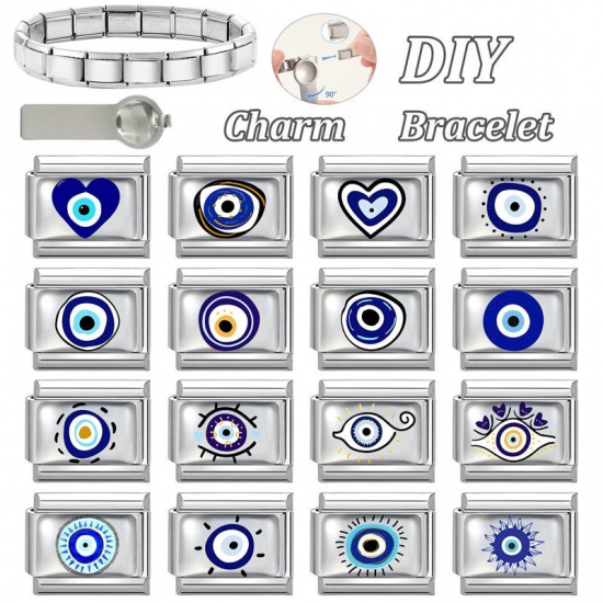Picture of 1 Piece 304 Stainless Steel Italian Charm Links For DIY Bracelet Jewelry Making Wholesale Silver Tone Blue Rectangle Evil Eye 10mm x 9mm