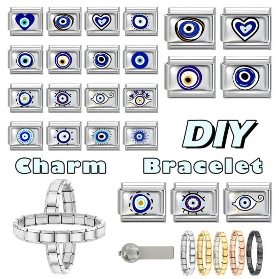 Picture of 1 Piece 304 Stainless Steel Italian Charm Links For DIY Bracelet Jewelry Making Wholesale Silver Tone Blue Rectangle Evil Eye 10mm x 9mm