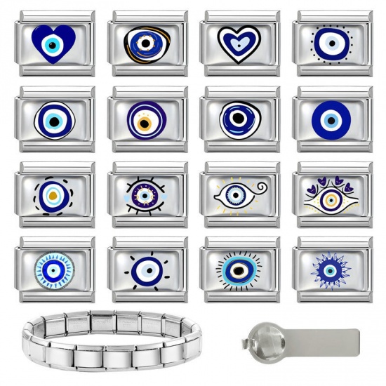 Picture of 1 Piece 304 Stainless Steel Italian Charm Links For DIY Bracelet Jewelry Making Wholesale Silver Tone Blue Rectangle Evil Eye 10mm x 9mm