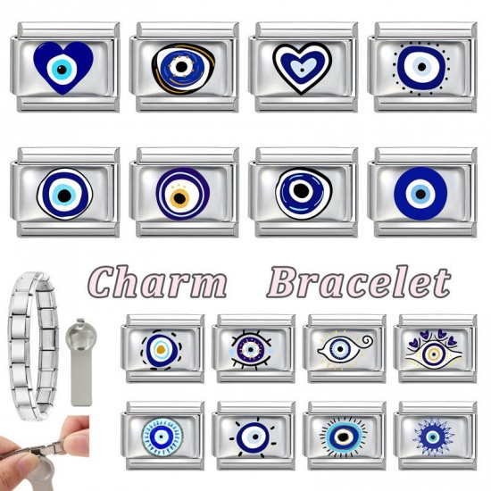 Picture of 1 Piece 304 Stainless Steel Italian Charm Links For DIY Bracelet Jewelry Making Wholesale Silver Tone Blue Rectangle Evil Eye 10mm x 9mm