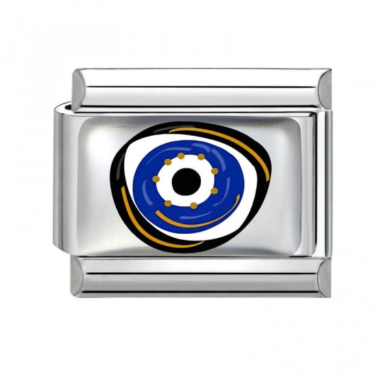 Picture of 1 Piece 304 Stainless Steel Italian Charm Links For DIY Bracelet Jewelry Making Wholesale Silver Tone Blue Rectangle Evil Eye 10mm x 9mm